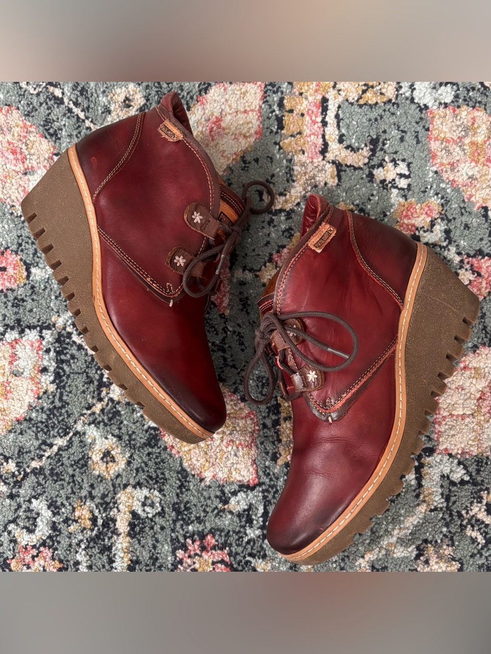 PIKOLINOS Maple Wedge Leather Ankle Lace Up Boots Booties Sz 38 7.5 8